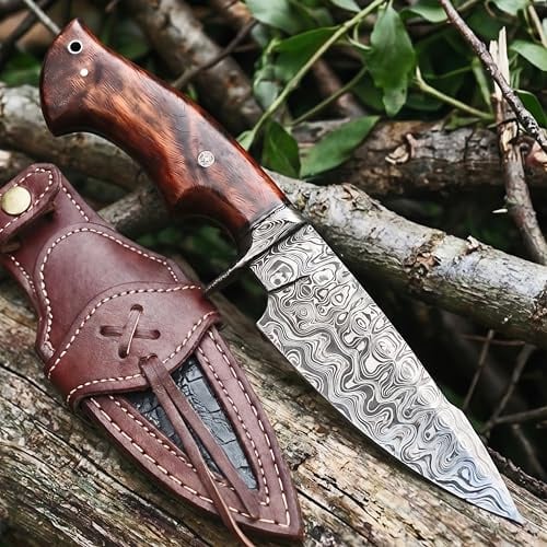 BIGCAT ROAR Predator Hunter Damaststahl 10 Zoll - Full Tang - Walnussholzgriff & Lederscheide - Outdoor Survival Bushcraft Häuten Jagd