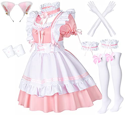 Anime French Maid Schürze, Lolita, Faschingskostüm, Cosplay Kostüm, pelzige Katze, Ohren, Handschuhe, Socken-Set