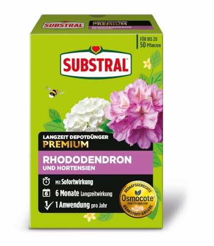 Substral Langzeit Depotdünger für Rhododendren & Hortensien 750 g 6 Monate | 6 Monate Langzeitwirkung | Premium-Langzeitdünger für Moorbeetpflanzen | Original Osmocote Technologie