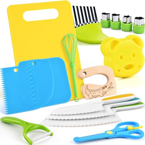 Kindermesser - 17 teiliges Kindersicheres Küchenmesser für Echtes Kochen mit Holzmesser, Schneidebrett | BPA-frei, Kinderfreundlich Lernmesser, Montessori Messer, Kinder Schneidemesser ab 2 jahre