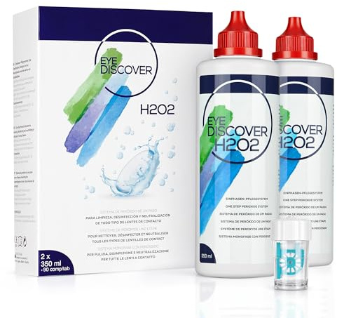EYE DISCOVER Peroxid Kontaktlinsenflüssigkeit für gründliche Reinigung & Desinfektion – Für empfindliche Augen, ohne Konservierungsstoffe – 2 x 350 ml + 90 Neutralisationstabletten
