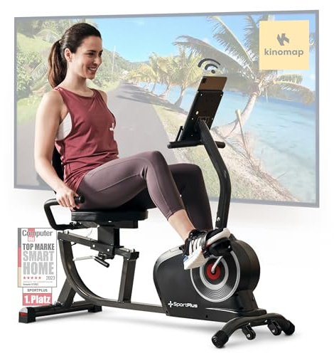 SportPlus Liegeheimtrainer für zuhause mit App-kompatibilität, 24 Stufen & 6 Trainingsprogramme, rutschfeste Pedale, mit Display & Tablethalterung, bis 100 kg
