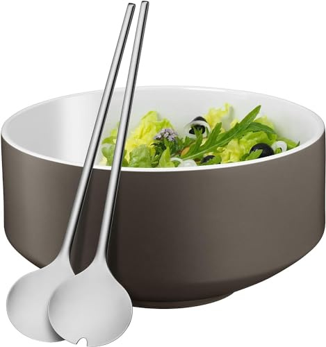WMF Moto Salatschüssel Set 3-teilig, Salatbesteck 32 cm mit Salatschale, Salatschüsseln, runde Schale 26 cm, Porzellan, Cromargan Edelstahl poliert, spülmaschinengeeignet, grau