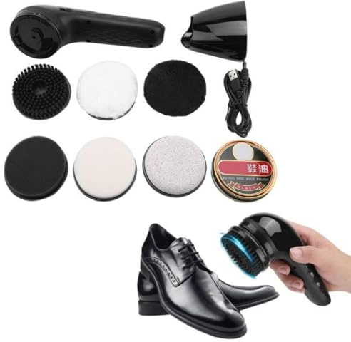 Elektrischer Schuhpolierer, USB Wiederaufladbare Schuhputzmaschine mit 6 Aufsätzen für Lederpflege, Inklusive Schwarz/Weiß Polierbürsten für Lederschuhe,Handtaschen,Möbel