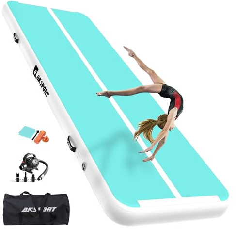 AKSPORT Air Matte Track Tumbling Matte,3/4/5/6m Aufblasbar Gymnastikmatte Turnmatte Tumbling Matten 10/20cm hoch mit Luftpumpe für Zuhause/Taumel/Turnhalle/Ausbildung/Cheerleading doppelt mintgrün