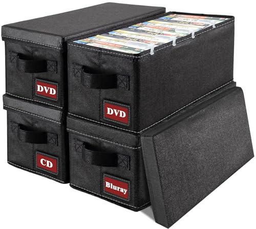 PUTNATRUE DVD-Aufbewahrungskoffer, 4P-Upgrade, größere DVD-Aufbewahrungsboxen mit Deckel, stapelbarer Medien-Aufbewahrungs-Organizer für bis zu 26 DVDs, 54 CDs, 38 Blu-ray-Videospiele/Filme, Heim