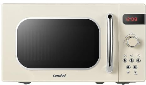 Comfee CMSRO 20 di cr Mikrowelle im Retro-Stil / Retro-Mikrowellenherd mit 8 Auto-Menüs, 5 Kochleistungsstufen, Express-Kochtaste,Express-Kochtaste, 20L, 800W, Apricot Cream