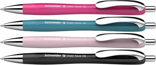 Schneider 132564 Slider Rave XB Kugelschreiber (Weiches Schreiben ohne Kratzen für lange Texte in Schule, Uni und Beruf) 4 Stück, Schwarz + 3 Farben, Tinte: Blau