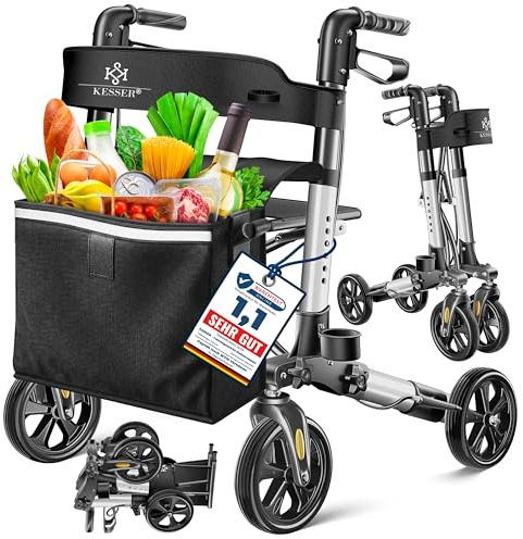 KESSER Leichtgewicht Rollator faltbar mit Sitz, Griff, Tasche, schmal für Senioren Wohnung, Klappbar, Höhenverstellbar, Reflektoren | All Gelände Reifen Indoor-& Outdoor, Gehhilfe, Laufhilfe, Schwarz