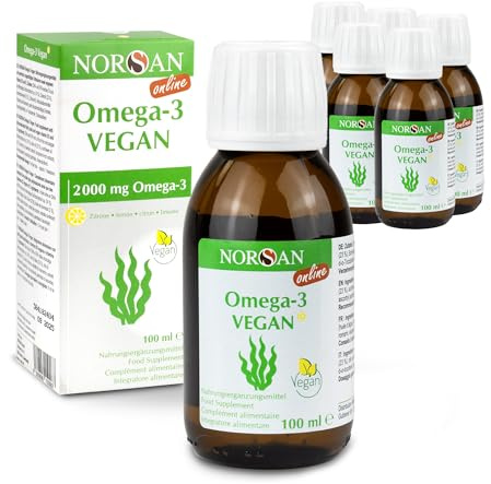 NORSAN Premium VEGAN Öl - 2.000 mg Omega 3 Algenöl hochdosiert - 6x 100ml | pflanzliches Omega-3 Öl mit 609 mg EPA und 1.158 mg DHA pro Portion - mit Vitamin D3 (800 I.E) - mit Zitronengeschmack