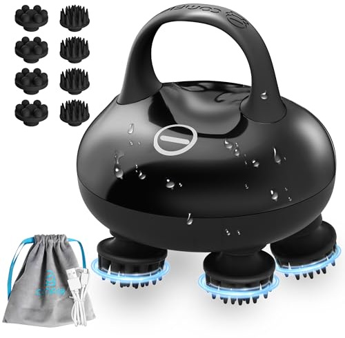 COMFIER Kopfhaut-Massagegerät mit 3 Knetmodi,IPX7 Wasserdichtes Kopfmassagegerät mit 8 Klauen für Tiefenreinigung,Körpermassagegerät für Entspannung(Schwarz)