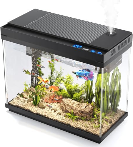 Vehipa Nano Aquarium, 9L Aquarium Klein mit intelligentem Luftbefeuchter, Temperaturanzeige, UHD-Glas, 7-Farben-Beleuchtung, 3 in 1 Leise Pumpe mit Filterung & Sauerstoffzufuhr & Zirkulation