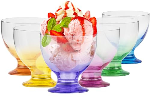 TREND FOR HOME Eisbecher Glas Dessertschalen Glas Bunt, 475 ml, Set von 6, Dessertgläser auf Fuß Glasschüssel Servierschalen Set Dessertbecher, Kollektion Selina Rainbow Blast