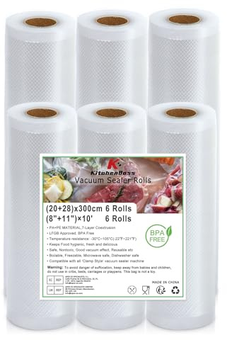 KitchenBoss Vakuumierbeutel 6 Rollen 20/28 x 300cm：Vakuumierfolie für Vakuumierer & Sous Vide, Vakumierfolienrollen BPA-Free, Vakuumierer Beutel Kochfest, Vakuumbeutel Lebensmittel Wiederverwendbar