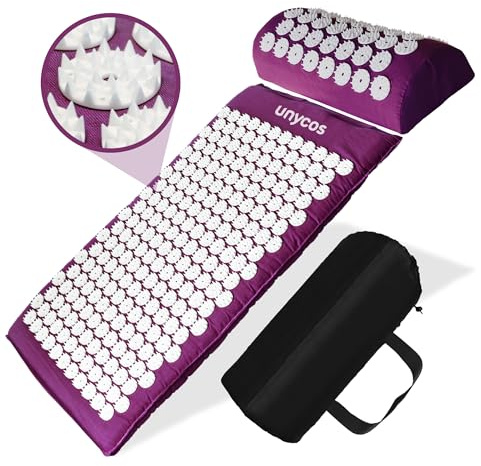 unycos - Akupressur-Set, Akupressurmatte mit Kissen zur Entspannung für Rücken, Nacken, Kopf und Füßen, Blumenfeldmatte zur mit Tragetasche, Nadelreizmatte, 230-Pin, 27-Punkt-Massagematte (Lila)