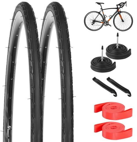 Rennrad Reifen 700x25C Set, 2 Stück Rennrad Faltreifen 700 x 25C & Rennrad Schlauch 700x23-28C Fahrradschläuche FV48 mm Presta-Ventil, Mantel 28 Zoll Reifen 28x1.0 25-622