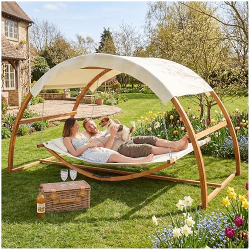 tectake® Doppel Hängematte mit Gestell, 328 x 160 x 172 cm, Hängematte mit Dach für 2 Personen, Belastbarkeit 250 kg, Doppel Sonnenliege, Sonnenliege Holz, Gartenliege Holz, wetterfest, inkl. 2 Kissen