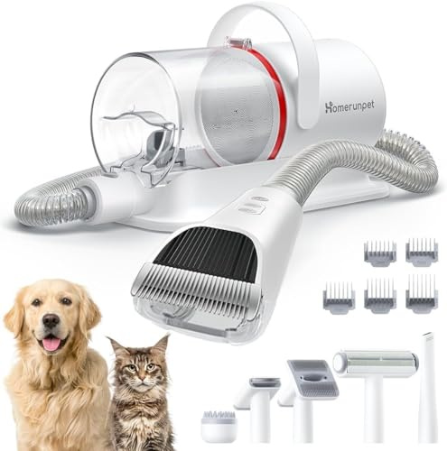 Homerunpet Hundeschermaschine mit Staubsauger, 45dB Ultraleise & Super 12000 Pa Saugt Haustierpflegeset, Profi Hundehaarschermaschine mit 6 Pflegewerkzeugen, Tierhaarentferner für Hunde Katzen, 1,85L