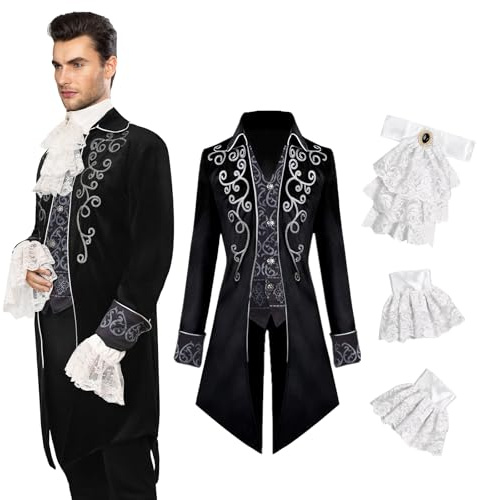 YQVGFBY Mittelalter Kleidung Herren Kostüme Mittelalter Steampunk Jacke, Gothic Frack Mantel, Viktorianische Frack Herrenkostüme für Männer, Halloween Piraten Vampir Cosplay