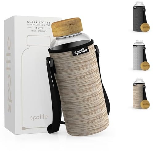 spottle Glasflasche 1,5 liter - Trinkflasche Glas 1,5 L mit Deckel - Glass bottle - Wasserflasche - Glastrinkflasche für Kohlensäure geeignet - spülmaschinenfest (Beige meliert, 1500 ml)