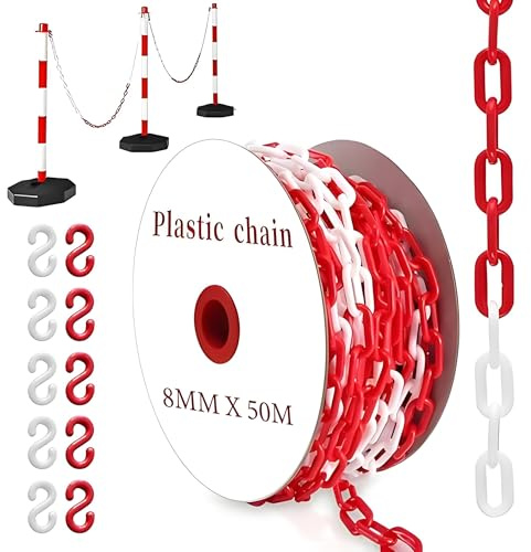 YUJUVI Absperrkette Kunststoffkette 50M Warnkette 8mm Plastikkette Kunststoff kette mit 10 Karabinern für Barrieren in Auffahrten zum Absperren von Flächen Gut Sichtbar (Rote Weiße, 50M / 8mm)