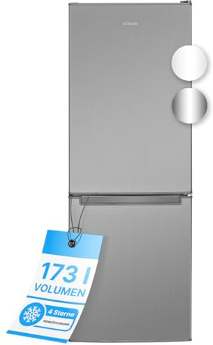 Bomann® Kühlschrank mit Gefrierfach 143cm hoch | Kühl Gefrierkombination 173L mit 3 Ablagen & 3 Schubladen | Türanschlag wechselbar | leise Kühlgefrierkombi 40db | Kühlschrank | KG 7331 inox