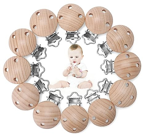 Kigniote 12 Stück Schnullerclip Holz,Baby Schnullerketten Clips Schnuller Clips Verhindert das Fallenlassen oder Verlieren des Schnullers Schnullerketten Zubehör für DIY Schnullerkette Basteln