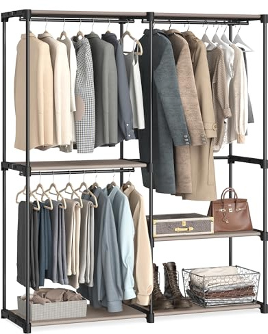 SONGMICS Kleiderschrank offen, Kleiderständer, Kleiderstange, Garderobe, 3 Hängefächer, viel Platz, für Schlafzimmer, Wohnzimmer, 138 x 43 x 182 cm, Taupe RYG025R02