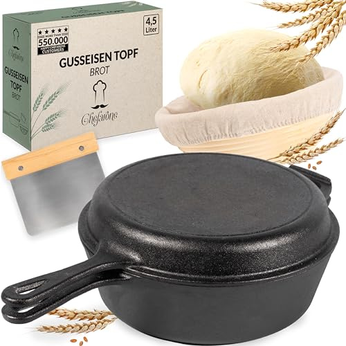 Chefarone Gusseisen Topf 3L - Brotback Set mit Gärkorb 2 in 1 | Backe Knuspriges Sauerteigbrot oder Schmore Herzhafte Gerichte mit Gärkorb Teigschaber und Deckel als Pfanne