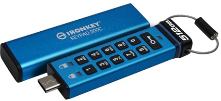 Kingston IronKey Keypad 200C 512GB Verschlüsselter USB | Alphanumerische Tastatur | Multi-Pin-Zugang | XTS-AES 256-bit | FIPS 140-3 Level 3 Zertifiziert (Ausstehend) | IKKP200C/512GB, Blau