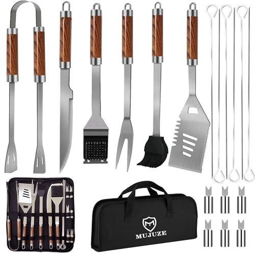 MUJUZE Grillbesteck Set,Grill zubehör Geschenk für Männer,Grillset aus Edelstahl im Koffer, Gasgrill zubehör Set,Grillzubehör BBQ Set für Garten und Camping (Braun)