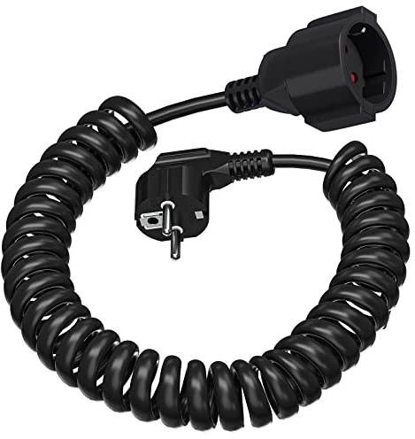 Schuko Verlängerungskabel, Schutzkontakt Spiralleitung dehnbar von 0,6m bis 2 m Max, IP20 Verlängerungsleitung(230V/16 A), Spiralkabel 3 x 1,0 mm² mit Schuko Stecker & Kupplung, Schwarz