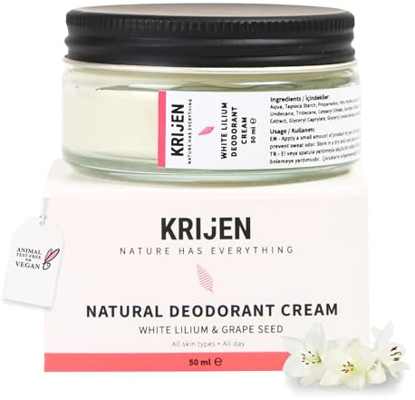 Krijen Weiße Lilie & Traubenkern Creme-Deodorant 50 ml | Aluminiumfrei & vegan | Gegen Schweißgeruch & Verfärbungen | Sanft zur Haut, ohne Rückstände | Für Frauen & Männer