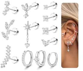 MILACOLATO Helix Piercings Ohrringe Piercing Ohrstecker Set | Tragus Piercing Silberfarben Rook Daith Conch Knorpel Ohrpiercing Helix Piercings Ohr Schmuck für Damen