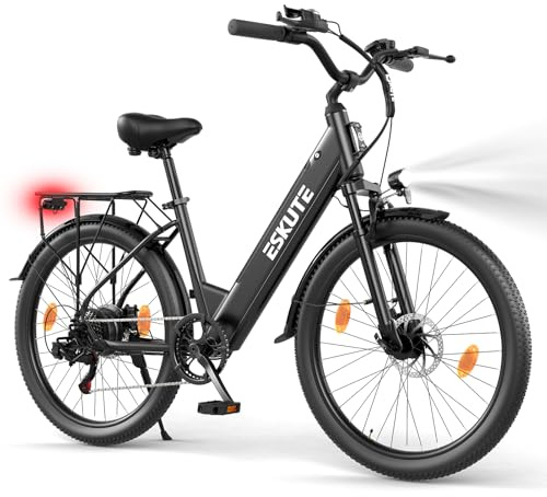 ESKUTE C100 Plus E-Bike, 26 Zoll Elektrofahrrad, E-Cityrad 250W HeckMotor, 36V 13Ah Wechselakku, bis zu 100km, LCD-Display, Tiefeinsteiger E-CityBike Für Damen und Herren Erwachsene