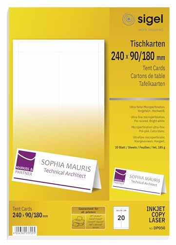 SIGEL DP050 bedruckbare Tischkarten weiß, 24 x 9 cm (auf A4), 20 Stück