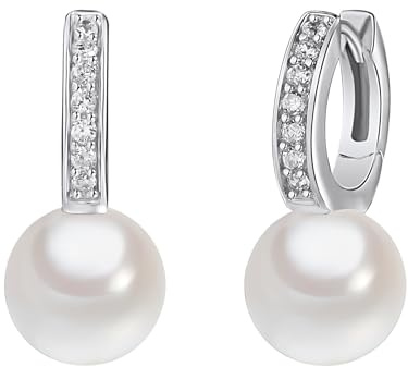 Rafaela Donata Damen-Ohrhänger 925/- Sterling Silber mit Muschelkernperle 10 mm Rund Weiß und Zirkonia - Perlenohrschmuck Klappcreolen