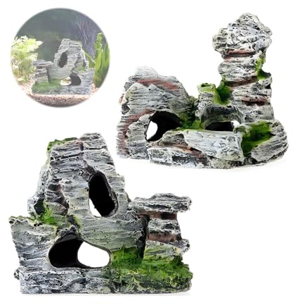 HPiano 2 Stück Aquarium Ornamente Blick auf Felsen in Form eines Kellers mit grünem Gras zum Verstecken von Garnelen und Fischen Felslandschaft Verstecken Höhle Baum Aquarium Dekoration