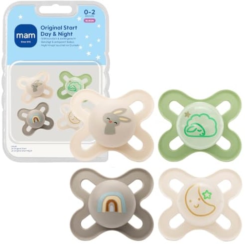 MAM Original Start Day & Night Schnuller, 0-2 Monate, 4 Stück | Babyschnuller für Neugeborene, Stillfreundlich, SkinSoft Silikon, Leuchtet im Dunkeln