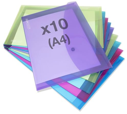 Rapesco 1665 ECO Recycelte Dokumentenmappe mit Druckknopf, A4+, Sortierte Transparente Farben, 10 Stück