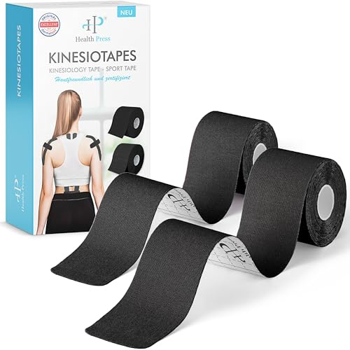 Health Press Kinesiotapes – 2 Rollen Kinesiologie Tape Sport Schwarz + Schwarz (5cm x 5m) – Kinesiotape – Profi Physio Tape und Sporttape – Hautfreundliche Tapes DERMATEST: SEHR GUT