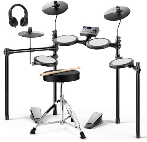 Donner DED-70 E Schlagzeug Elektronisch für Kinder, Electric Drum Set für Anfänger mit 150 Sounds 4 Quiet Mesh Pads 9" Becken Thron Kopfhörer Sticks 2 Pedale Weihnachten Geburtstag Geschenk für Kids