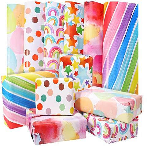 Fanshiontide 6 Pcs Geschenkpapier Geburtstag, 70X50cm Geschenkpapier Kinder | Geschenkpapierrolle Bunt für Einschulung Mädchen Junge Kindergeburtstag Hochzeit Babyparty