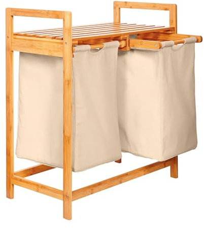 Lumaland Wäschekorb Bambus mit 2 ausziehbaren Wäschesäcken | Pflegeleichtes Material, unempfindlich gegen Nässe und leicht abwischbar | Höhe ca. 73cm x 64cm Breite x 33cm Tiefe [Beige]