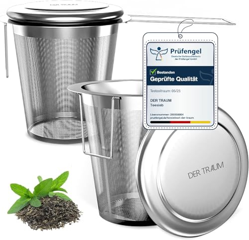 Der Traum Teesieb für Losen Tee aus 304 Rostfreiem Edelstahl – 2 Stück Teesieb für Tasse, Teefilter Edelstahl mit Deckel und Faltbare Griffe – Feinmaschig und Spülmaschinengeeignet