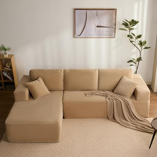 Litbird Modulares L-förmiges Ecksofa mit Schlaffunktion – rahmenloses Schlafsofa mit Chaiselongue Links, extra tiefer Sitzfläche, montagefrei, für Wohnzimmer,Hellbraun