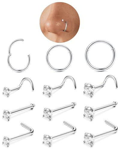 LOLIAS 12Stück Nasenpiercing Stecker Piercing Nase Edelstahl | 6/8/10MM Nasenpiercing Ring Nasenring CZ Nasenpiercing Stecker 14K Vergoldet Silberfarben Nasenstecker Set Nostril Schmuck