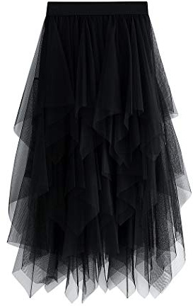 Geagodelia Tüllrock Damen Mädchen Elegant Weich Knielang/Lang Sommerrock Vintage Tütü Rüschen Tüll Rock One Size 36/38/40 F-47737 (Schwarz)
