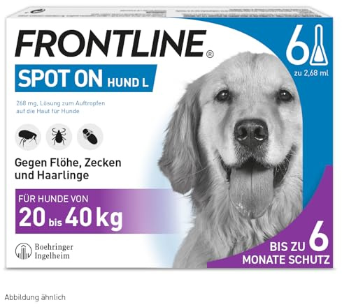 FRONTLINE Spot ON Hund L gegen Zecken, Flöhe & Haarlinge (große Hunde 20 bis 40 kg) - 6X Pipetten für bis zu 6 Monate Schutz - wasserfest