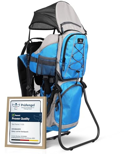 Dromader Kraxe Kindertrage bis 22kg - Baby Rückentrage Wandern mit Sonnendach Regenschutz - Babytrage Outdoor Trekking mit Thermotasche Wickelmatte - Einhändig klappbarer Aluminiumrahmen - Blau